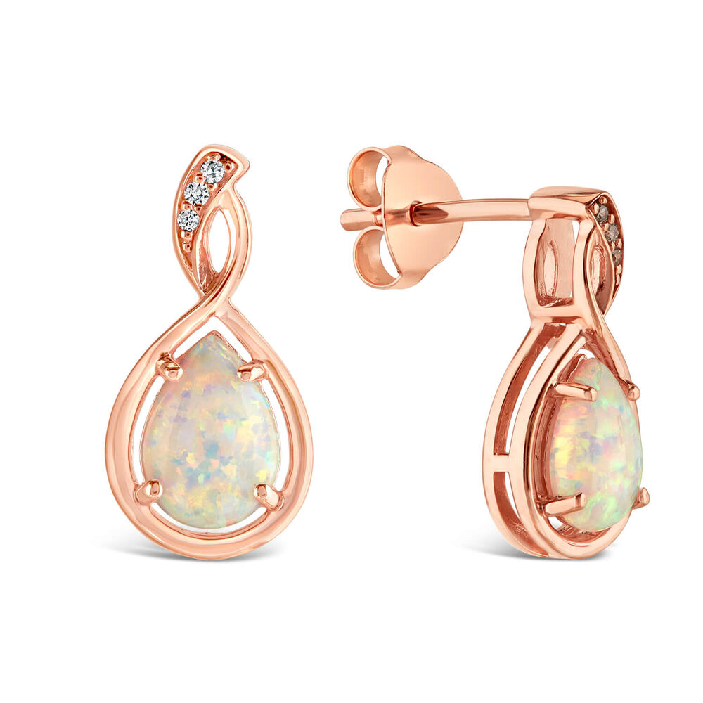 9ct Rose Gold Pear Opal Twist Diamond Top Stud Earrings image number 3
