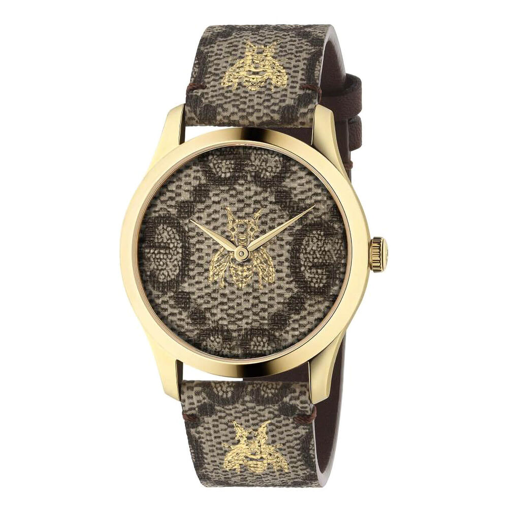 Gucci G-Timeless Bee Dial Brown Leather Strap Ladies' Watch image number 0