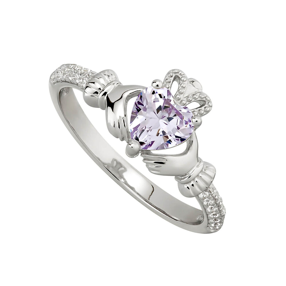 Sterling Silver Claddagh Birthstone June Cubic Zirconia Shoulder Set Ring