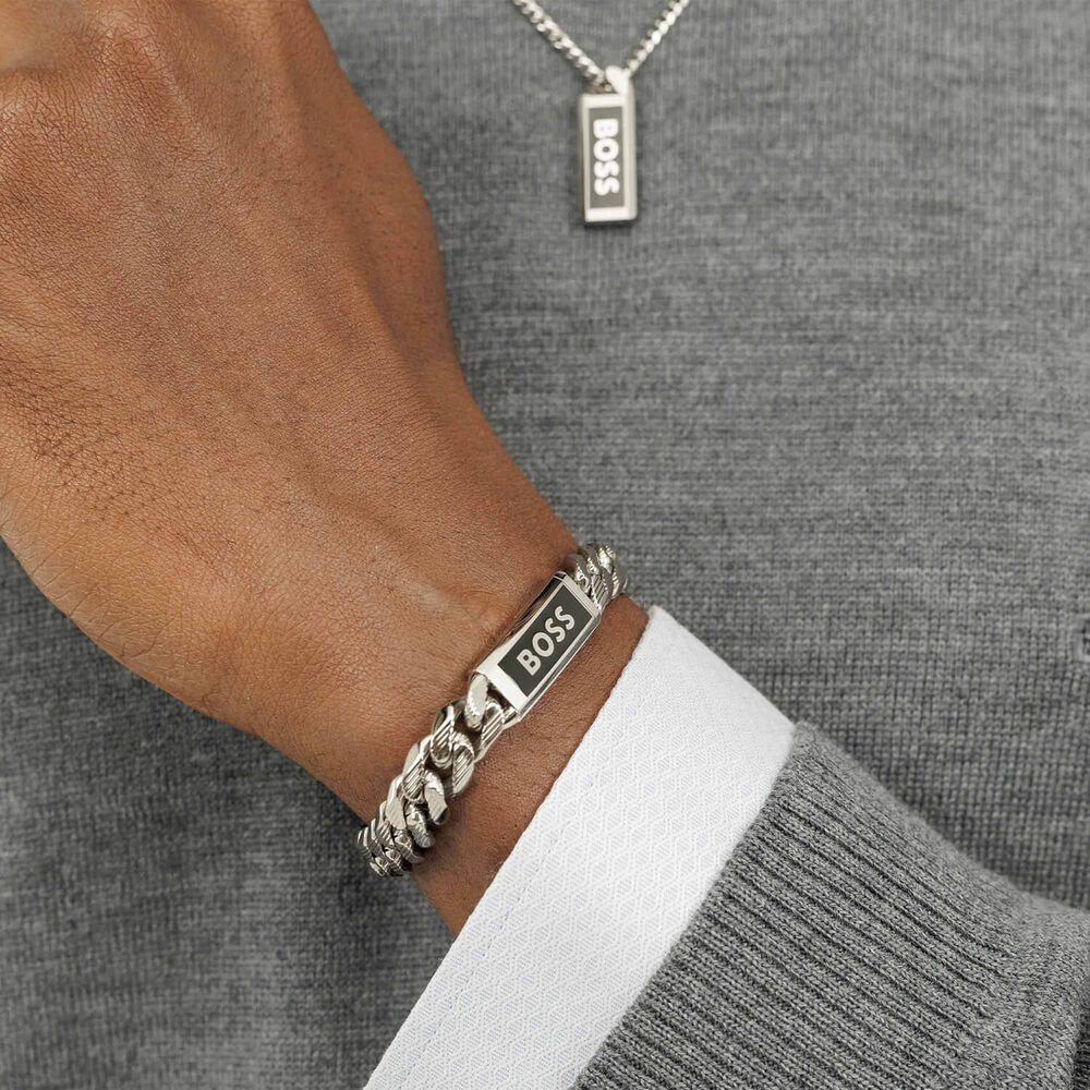 BOSS Kassy Silver Tone Steel Logo Plate Chain Bracelet