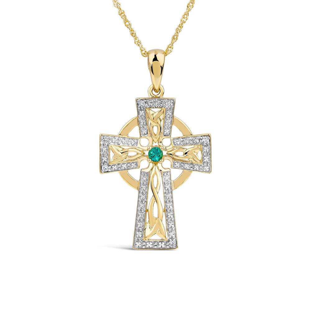 14ct Yellow Gold Diamond & Emerald Celtic Cross Pendant image number 0
