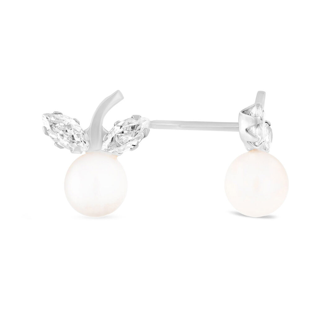 9ct White Gold Freshwater Pearl & Cubic zirconia Flower Stem Earrings image number 1
