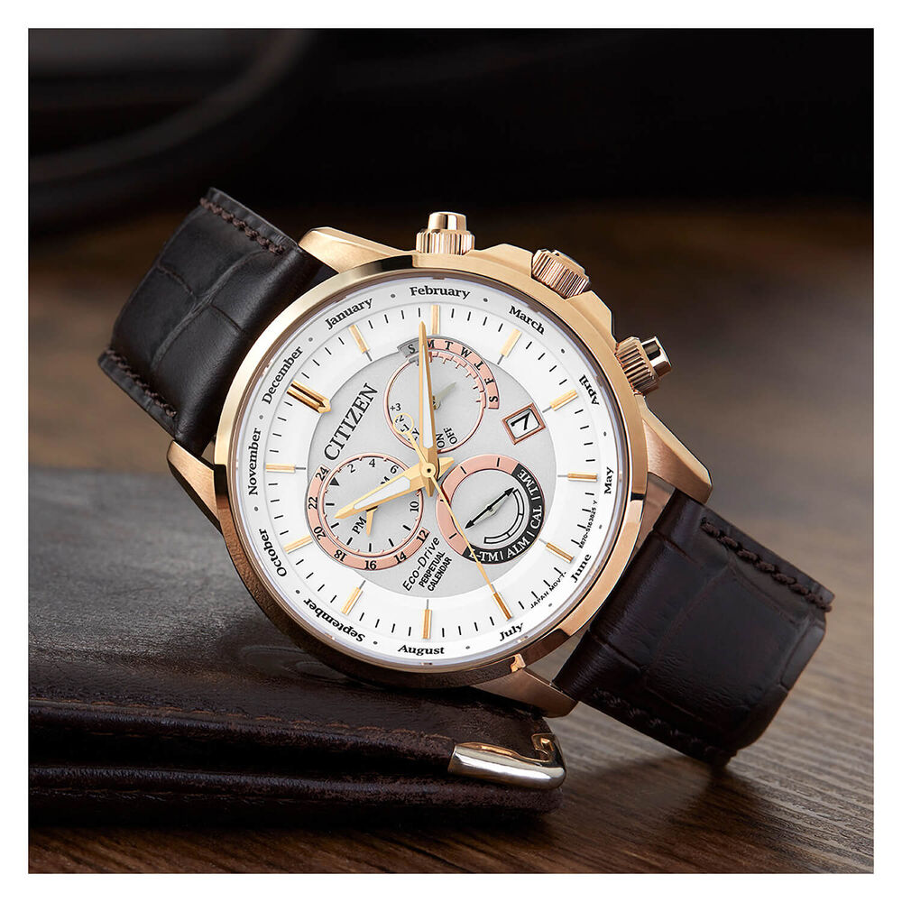 Citizen Eco Drive Calibre 8700 Rose Case Brown Leather Strap Perpetual Calendar Alarm Function 100M Wr Watch