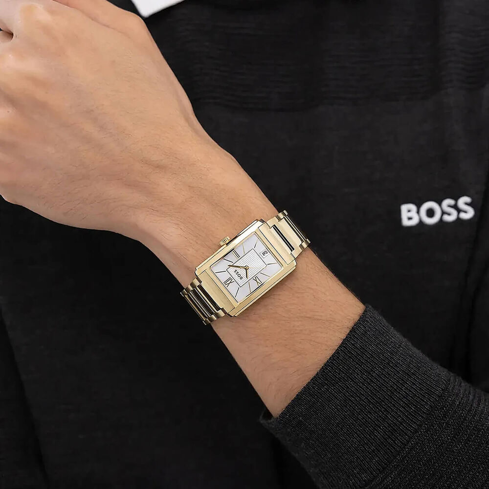 BOSS Principle Dress 28x39mm Rectangular Silver Dial Gold Tone Steel Bracelet Watch image number 3