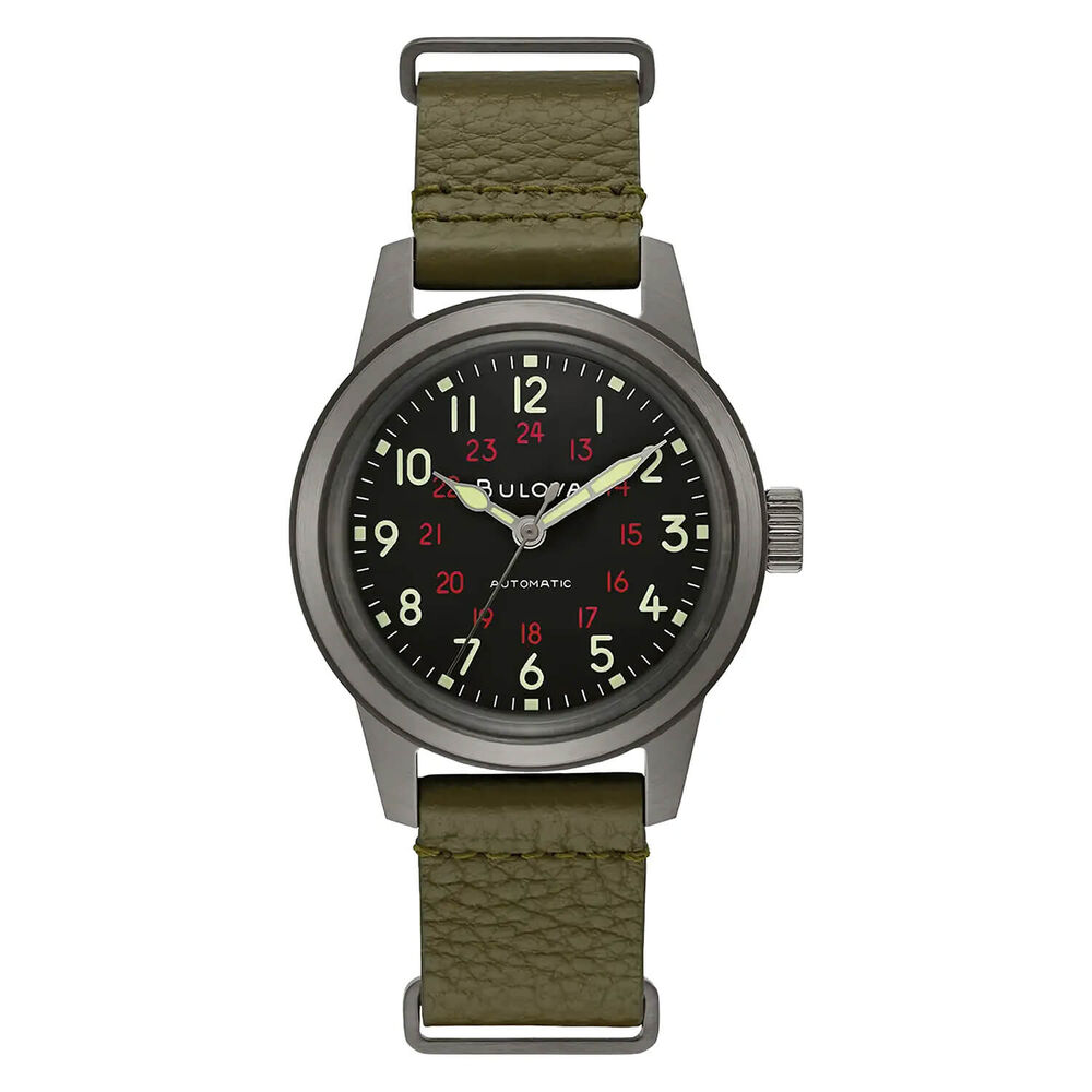Bulova Hack 38mm Black Dial Green NATO Leather Strap Watch