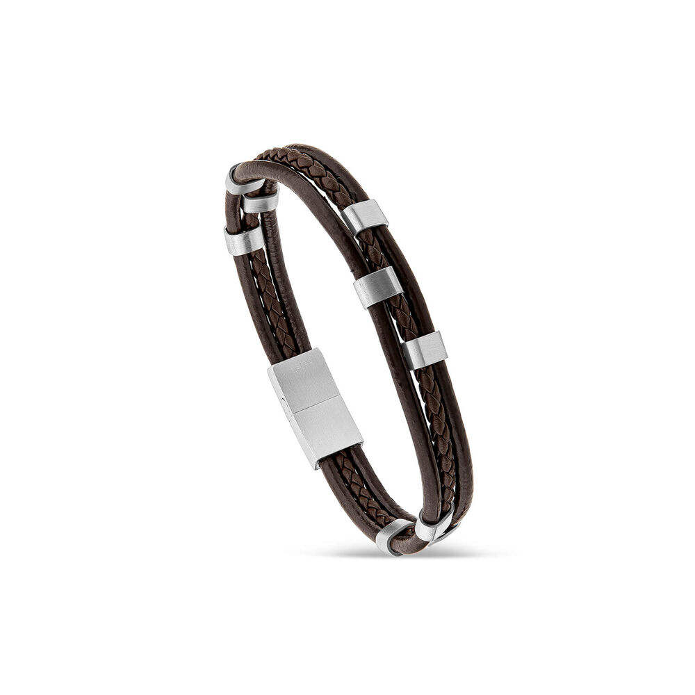 Gents Steel & Brown Leather 3 Strap Bracelet