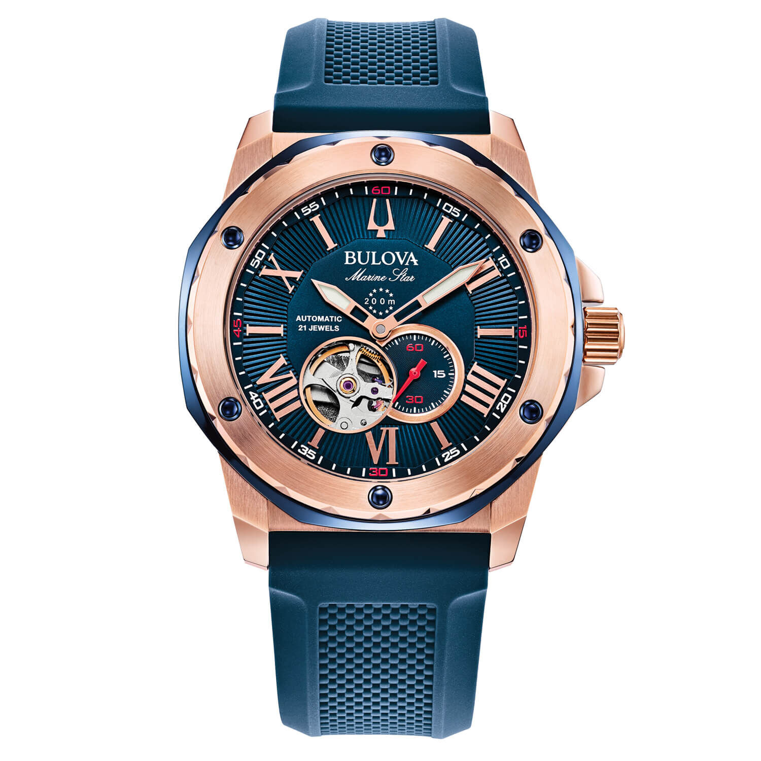 Bulova men's automatic marine star shop blue silicone strap watch 45mm
