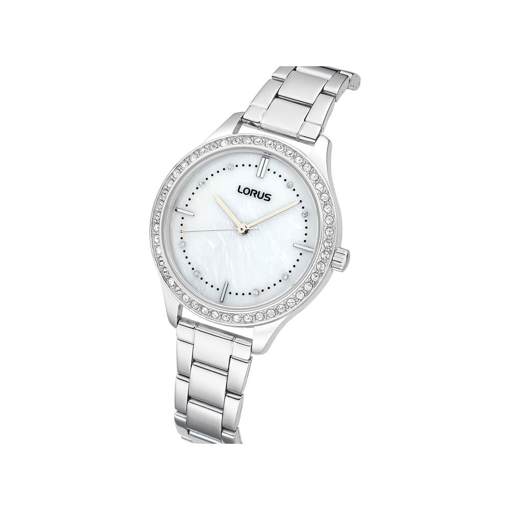 Lorus Quartz Ladies 33mm Mother of Pearl Dial Cubic Zirconia Set Bezel Steel Bracelet Watch image number 1