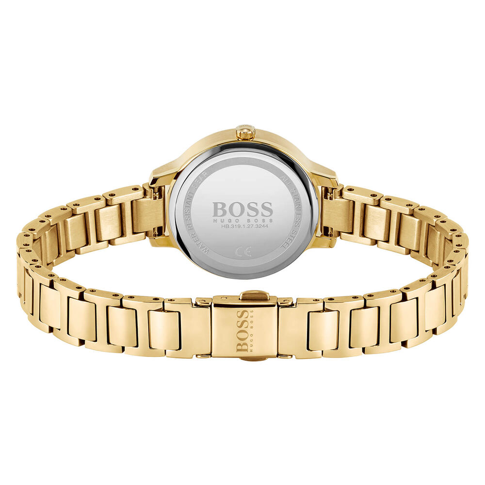 Hugo Boss Gala 28mm Mother Of Pearl Dial Cubic Zirconia Set Case Yellow Gold IP Case Bracelet Watch