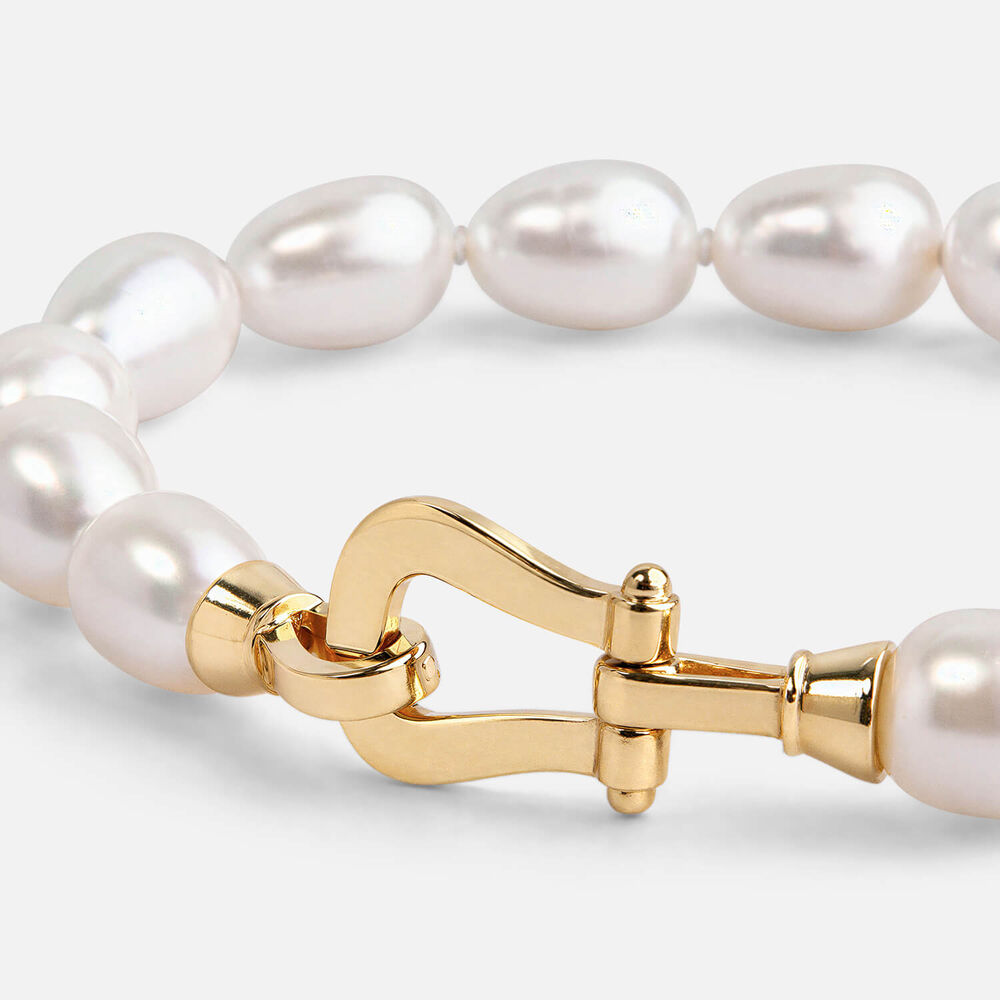 Sterling Silver Oval Freshwater Pearl Yellow Gold Plated Stirrup Clasp Bracelet