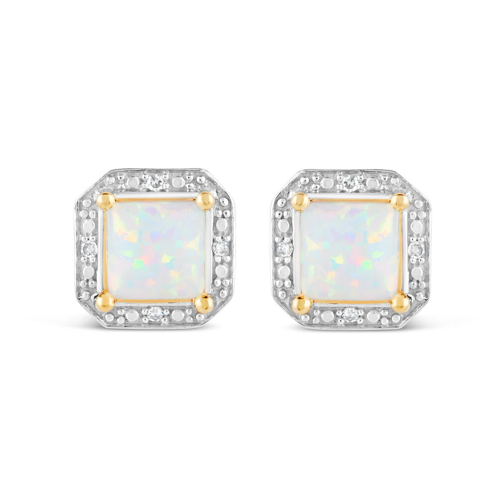 9ct Yellow Gold 0.02ct Diamond Frame Opal Earrings