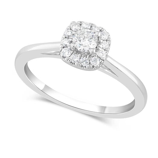 18ct White Gold Solitaire Cushion Halo 0.33 Carat Diamond Engagement Ring