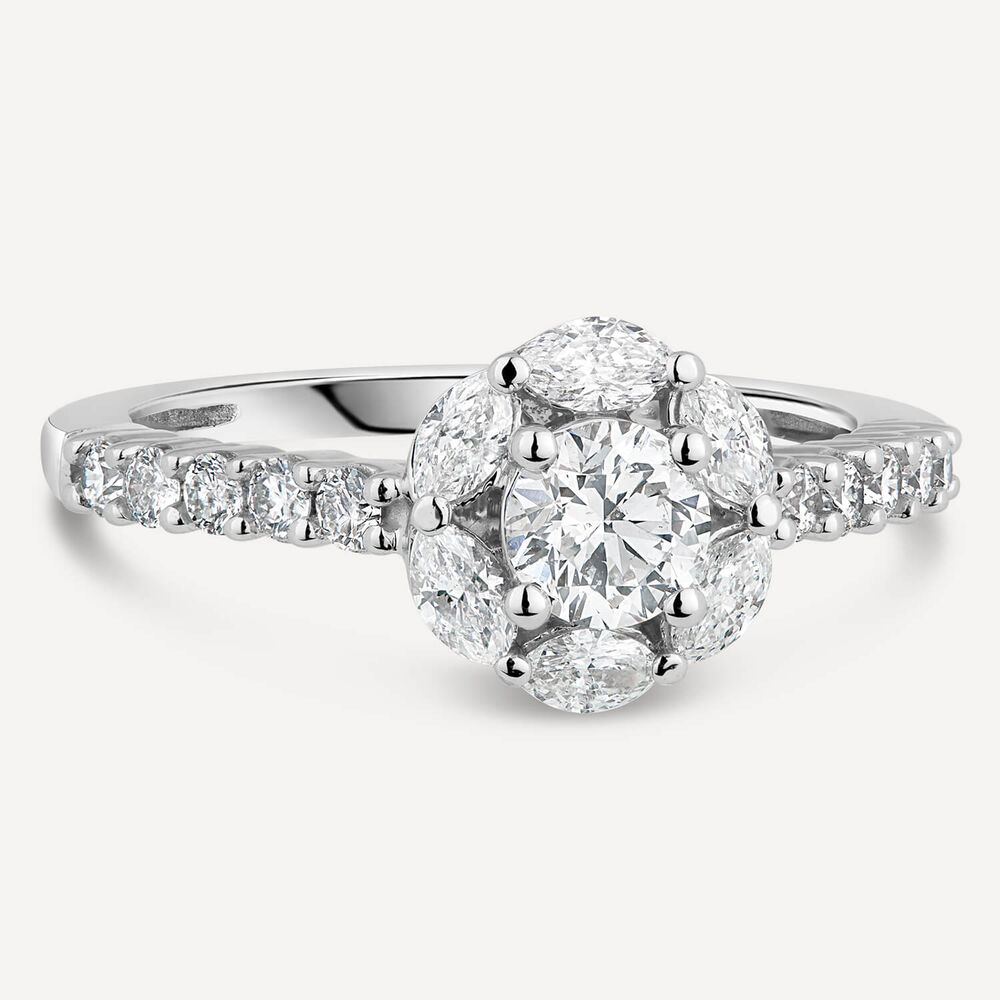 18ct White Gold Round Cluster Marq Petals Stone Set Shoulders 0.95 ct Ring image number 2