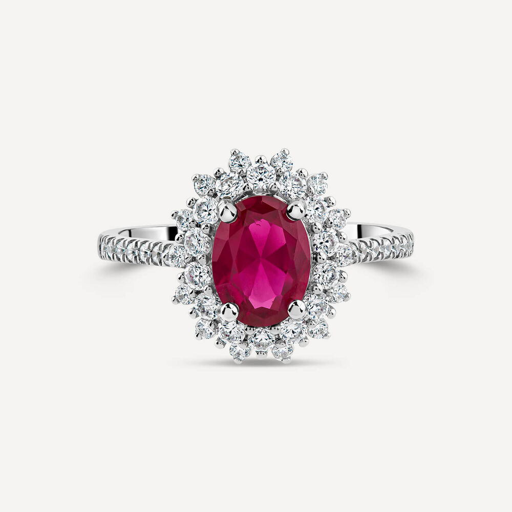 Platinum Oval Synthetic Ruby Centre 0.60ct Diamond Double Halo & Shoulders Ring