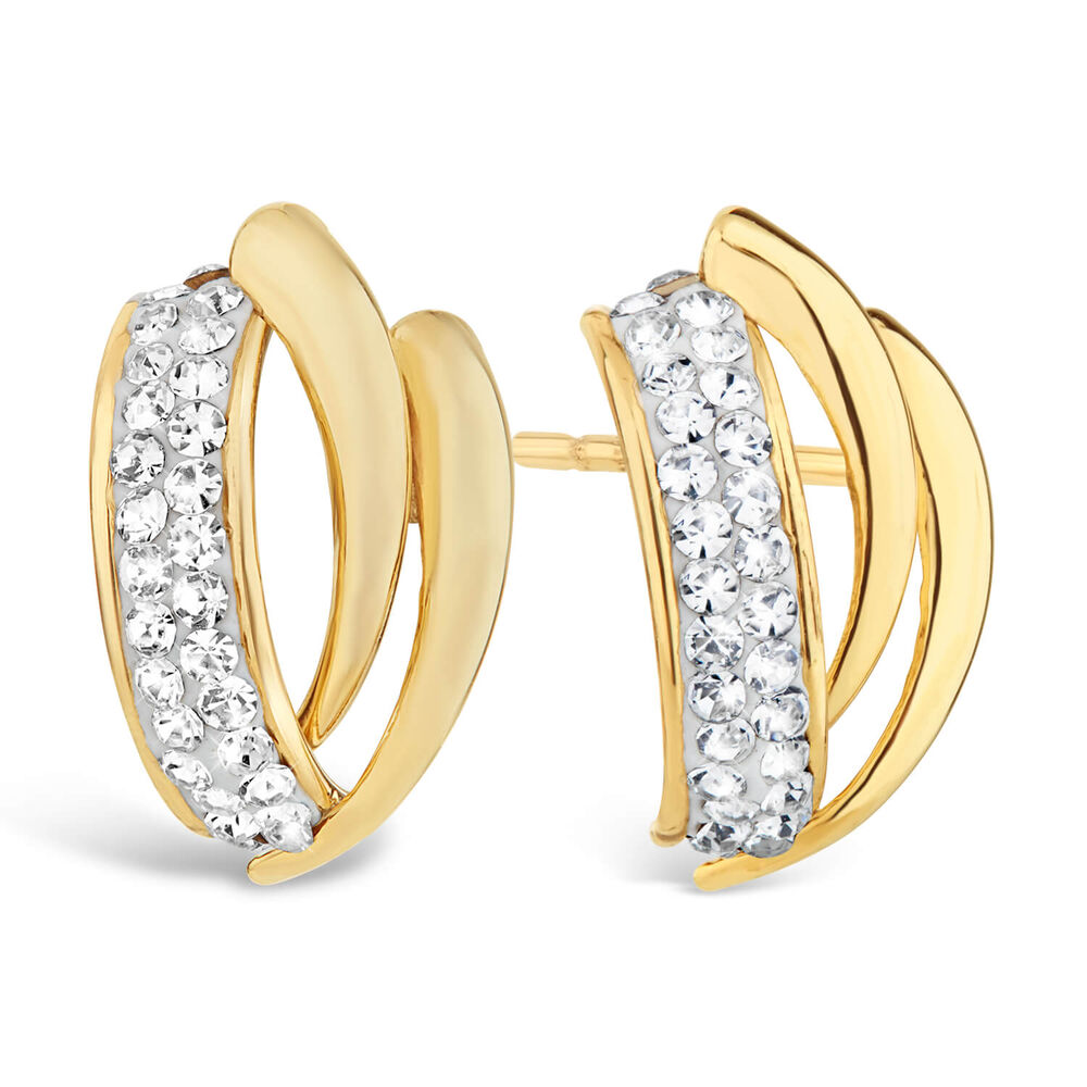 9ct Gold Pave Crystal Three Strand Curve Stud Earrings image number 1
