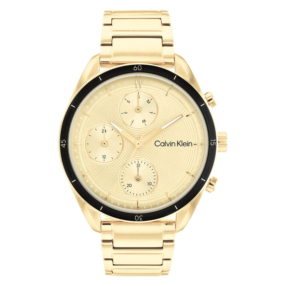 Calvin Klein Sport Ready 38mm Champagne Dial Black Bezel Yellow Gold IP Bracelet Watch
