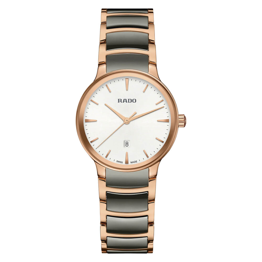 Rado Centrix 28mm White Dial Rose Ceramic Case Rose & Grey Bracelet Watch image number 0