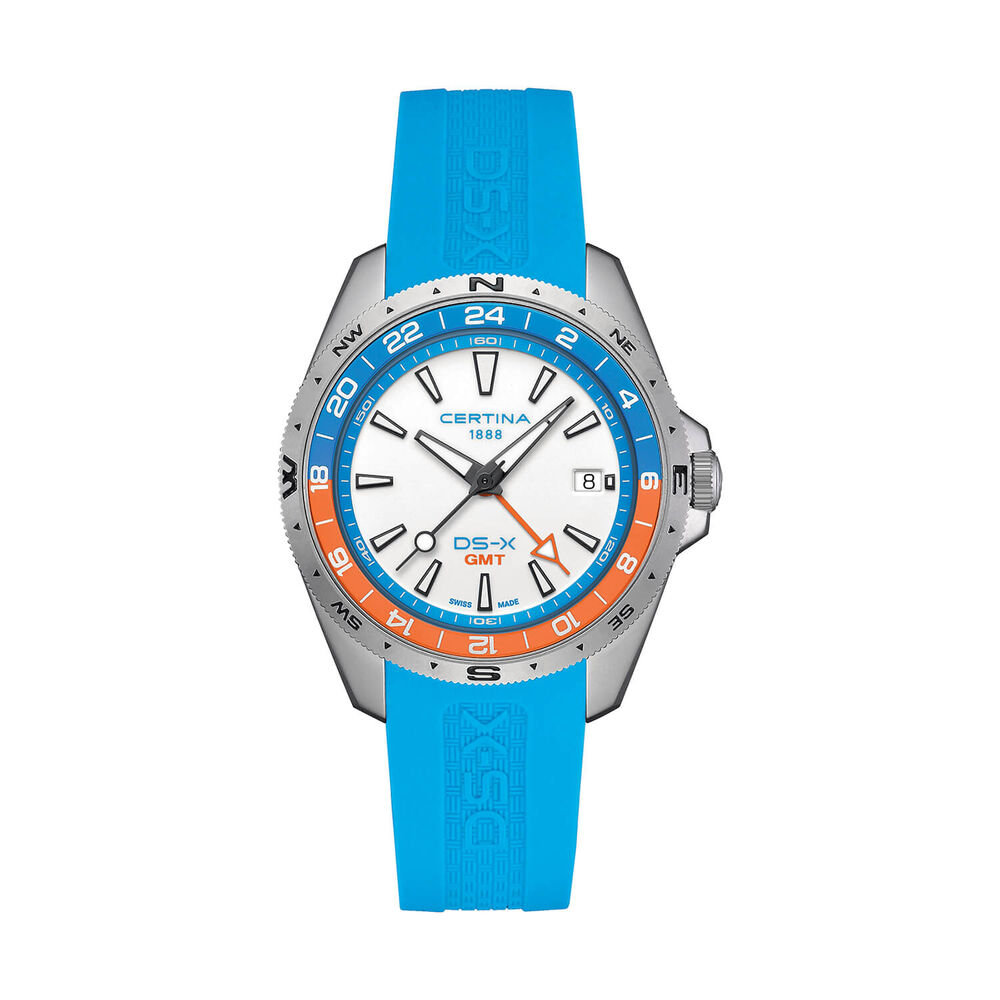 Certina DS-X GMT 41mm White Dial Turqoise Blue Rubber Strap Watch