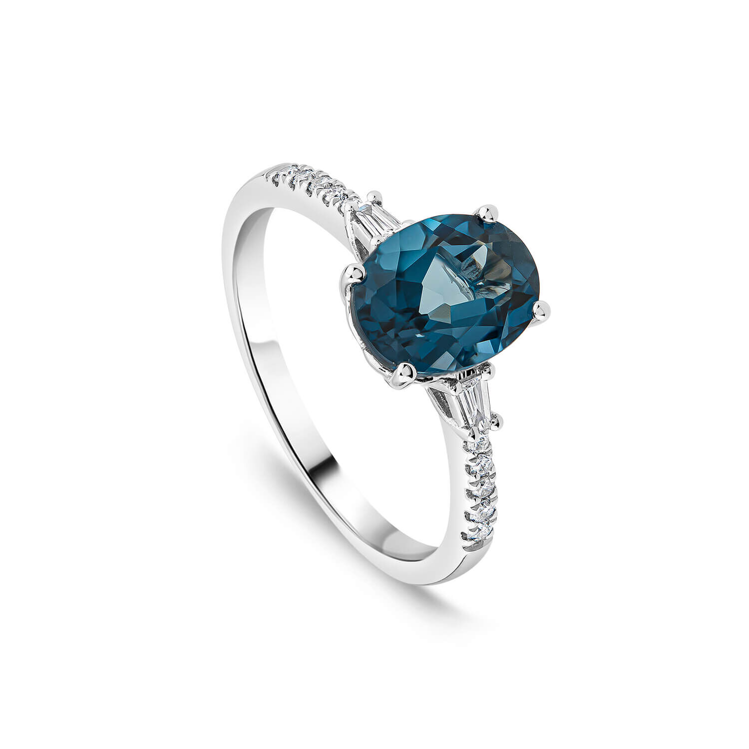 9ct White Gold London Blue Topaz 0.12ct Tapered Baguette Diamond Sides Ring