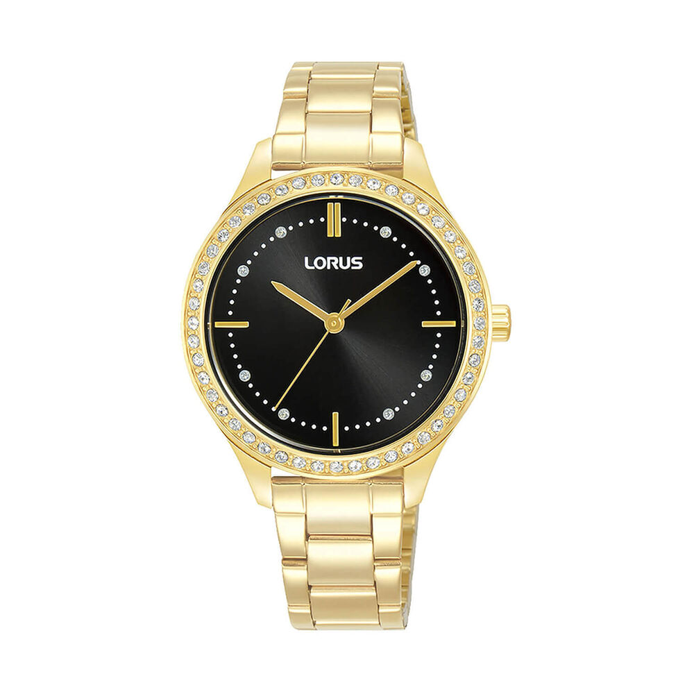 Lorus Quartz Ladies 33mm Black Dial Gold Tone Cubic Zirconia Set Bezel Steel Bracelet Watch image number 0