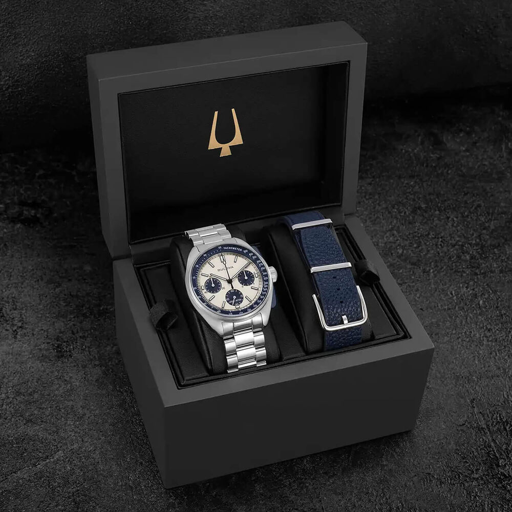 Bulova Heritage Lunar Pilot 43.5mm Chronograph White & Blue Dial Bracelet Watch image number 5