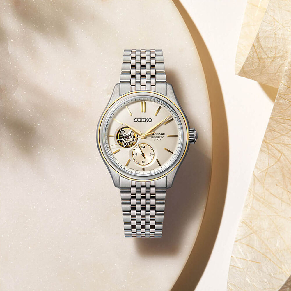Seiko Presage Classic Series 40.2mm Open Heart Delicate Cream Silk Steel Bracelet Watch