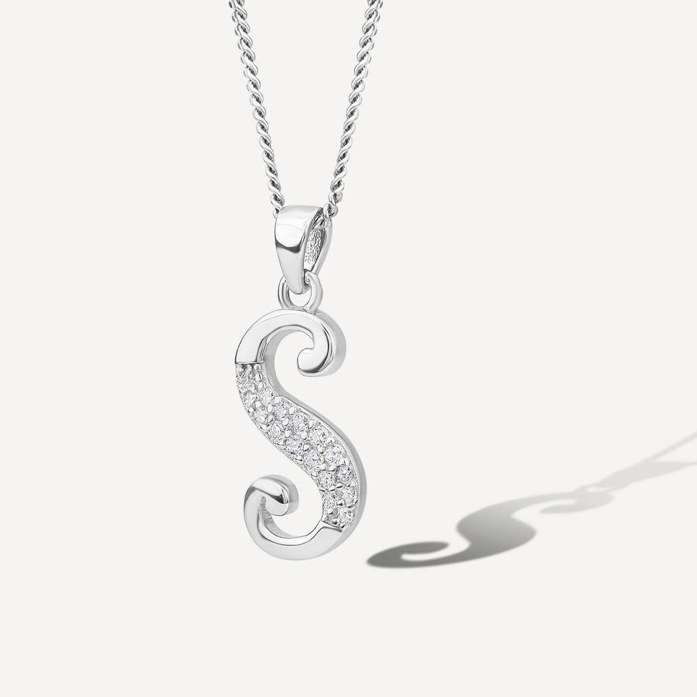 Sterling Silver Script Cubic Zirconia Initial "S" Pendant image number 1