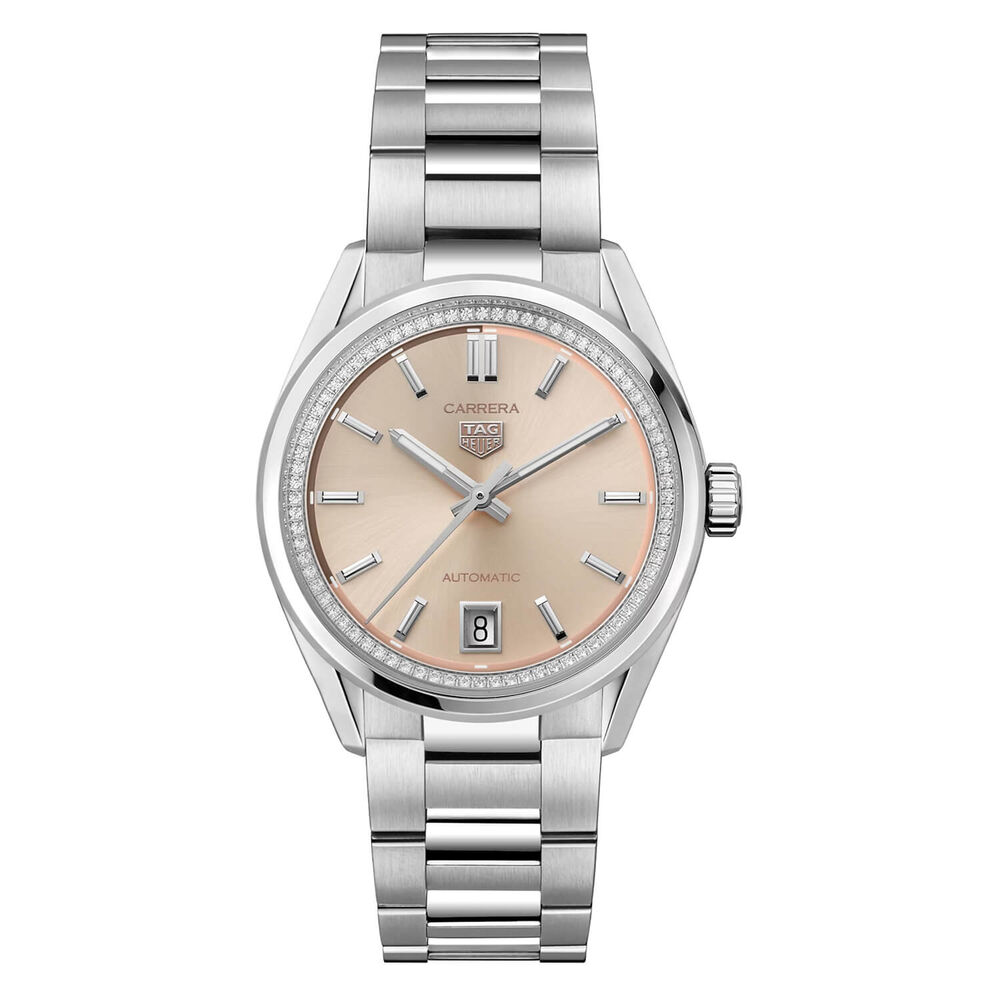 TAG Heuer Carrera Date 36mm Pink Dial Diamond Bezel Stainless Steel Bracelet Watch image number 0