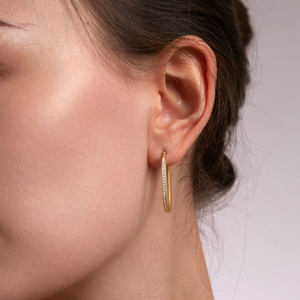 9ct Yellow Gold Cubic Zirconia Set Oval Hoop Earrings image number 2