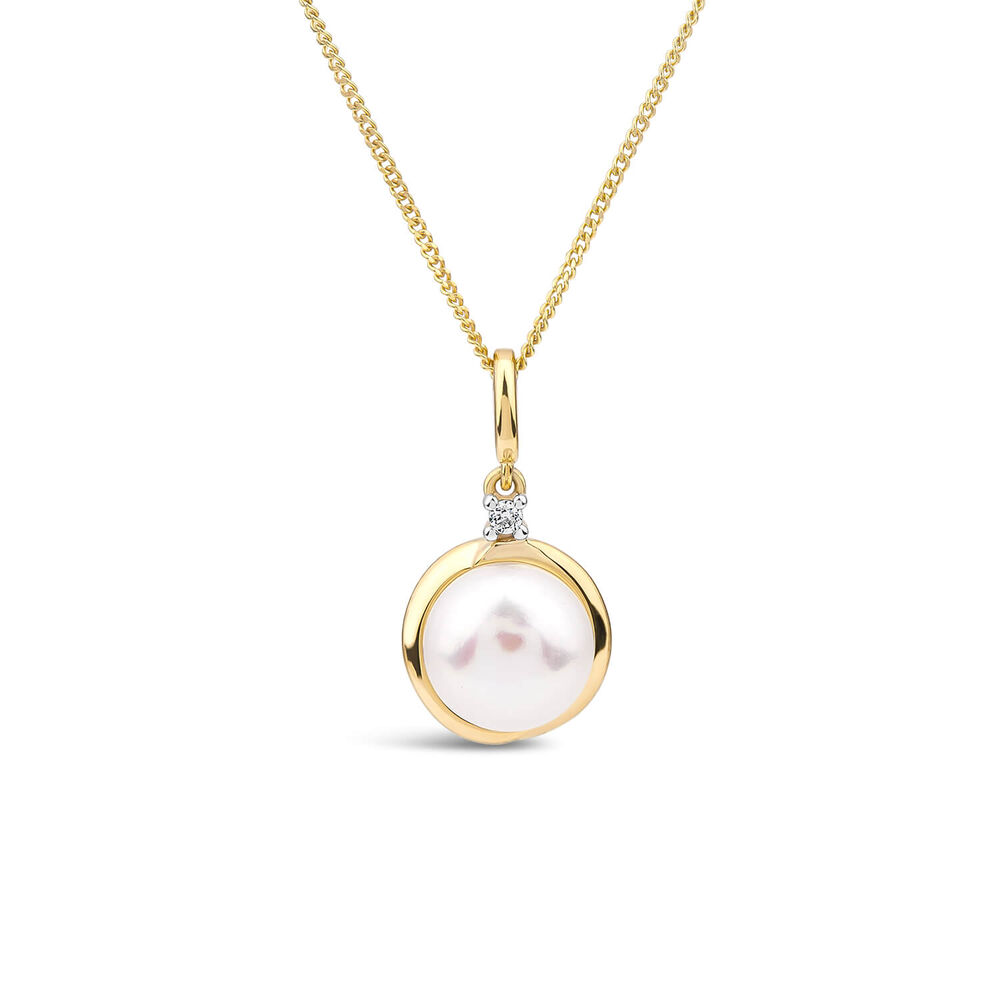 9ct Yellow Gold Diamond Top Freshwater Pearl Gold Rim Pendant