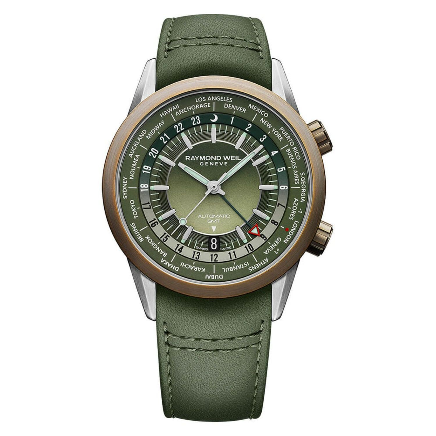 Raymond Weil Freelancer 40.5mm GMT Green Dial Strap Watch