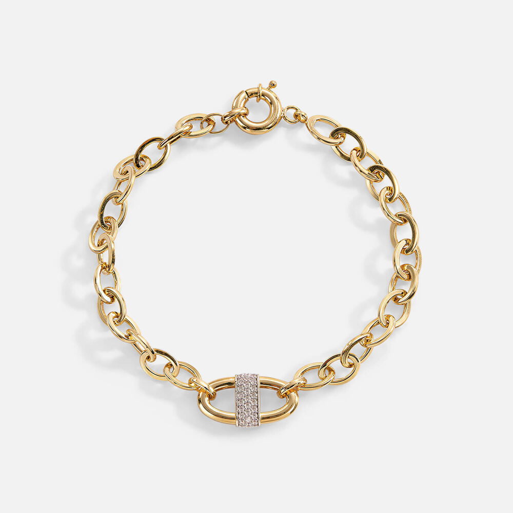 9ct Yellow Gold Oval Shape With Pave Cubic Zirconia Open Oval Chain Bracelet