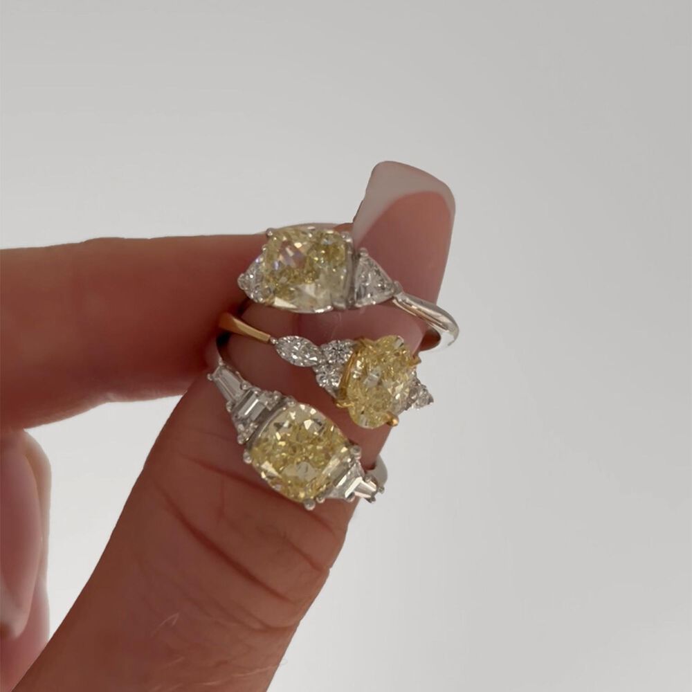 Born Platinum & 18ct YG 2.6ct Yellow Cushion Centre Tapered Shaped Lab Grown Diamond Sides Ring image number 6