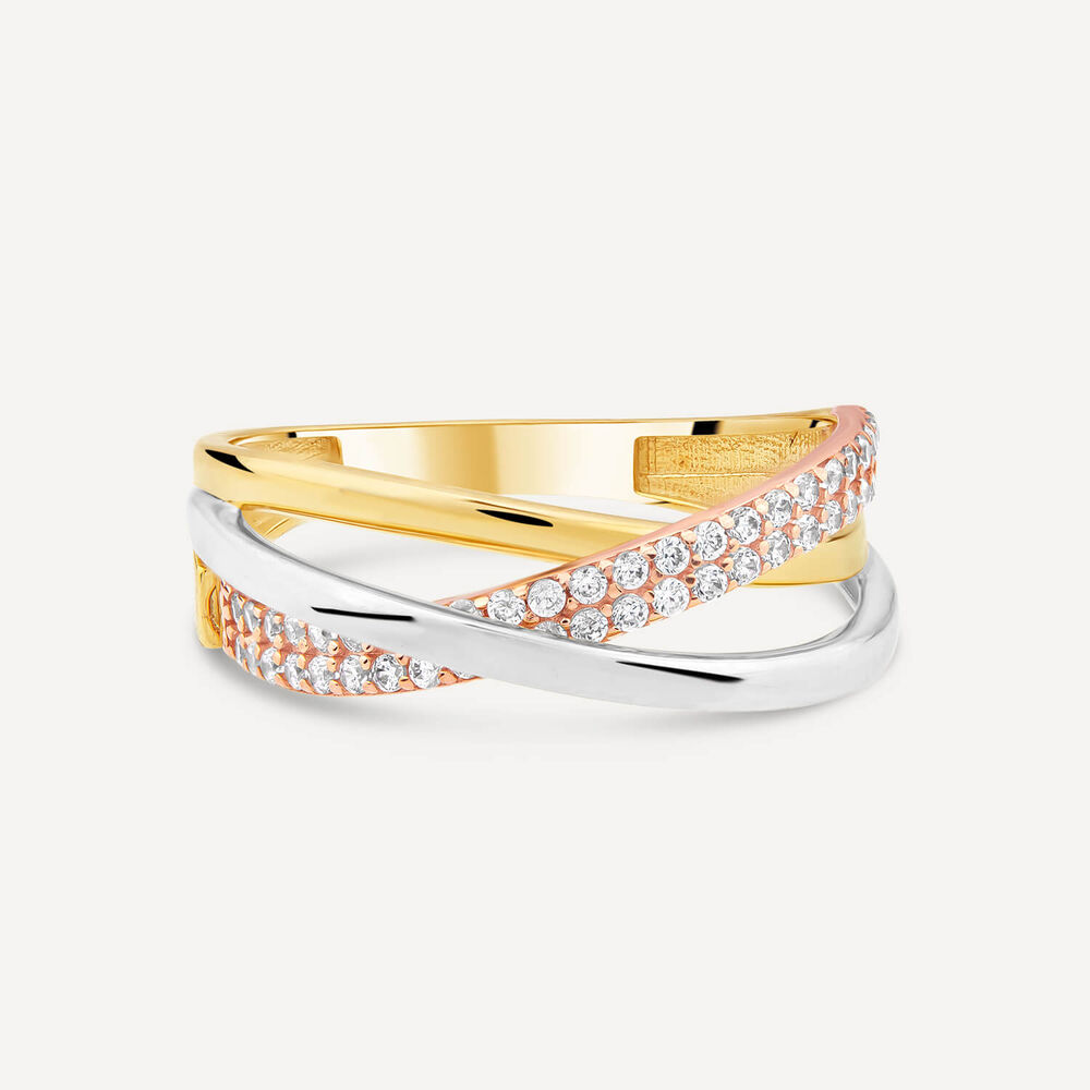 9ct Three Colour Gold Cubic Zirconia Set Cross Over Ring image number 2