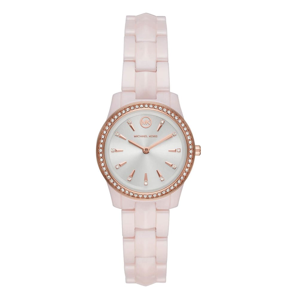 Michael Kors Runway Mercer 28mm White Dial Pink Ceramic Bracelet Watch image number 0