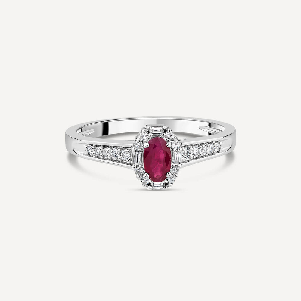 9ct White Gold Oval Ruby Centre 0.15ct Diamond Halo & Shoulders Ring image number 2