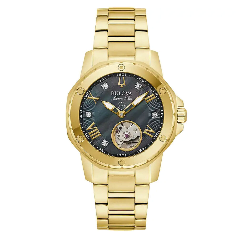 Bulova Marine Star 37mm MOP Dial Gold Toned Steel Bracelet Watch