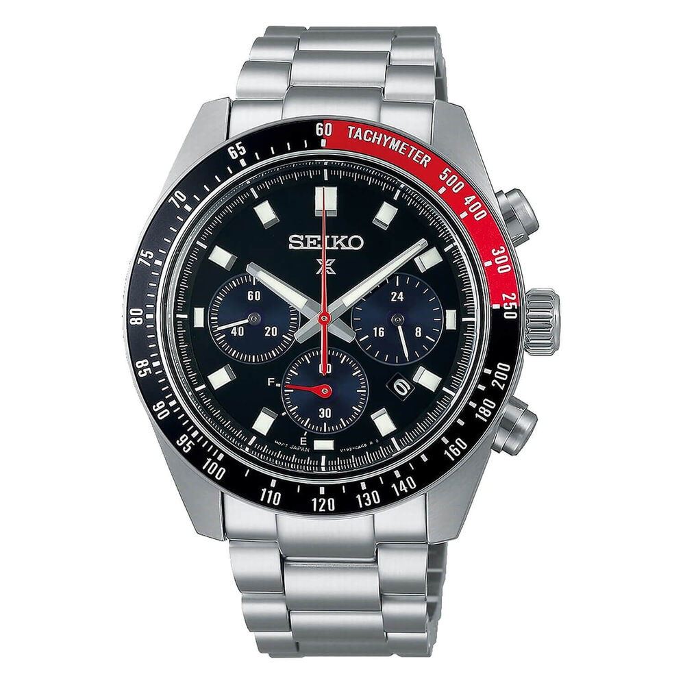 Seiko Prospex Speedtimer 41.4mm Solar Chronograph Black & Red Bezel Steel Bracelet Watch image number 0