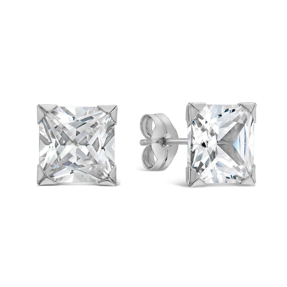 9ct White Gold 8MM Princess Cut Cubic Zirconia Stud Earrings
