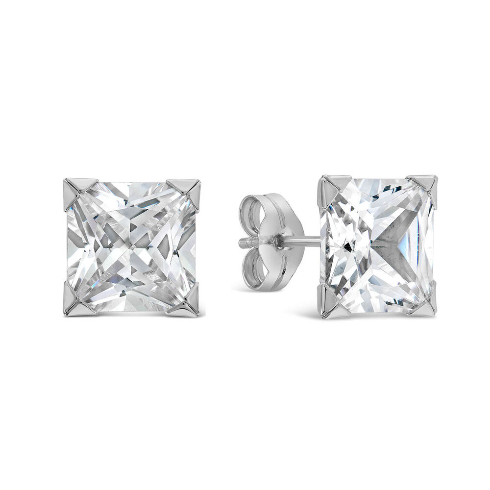 9ct White Gold 8MM Princess Cut Cubic Zirconia Stud Earrings image number 1