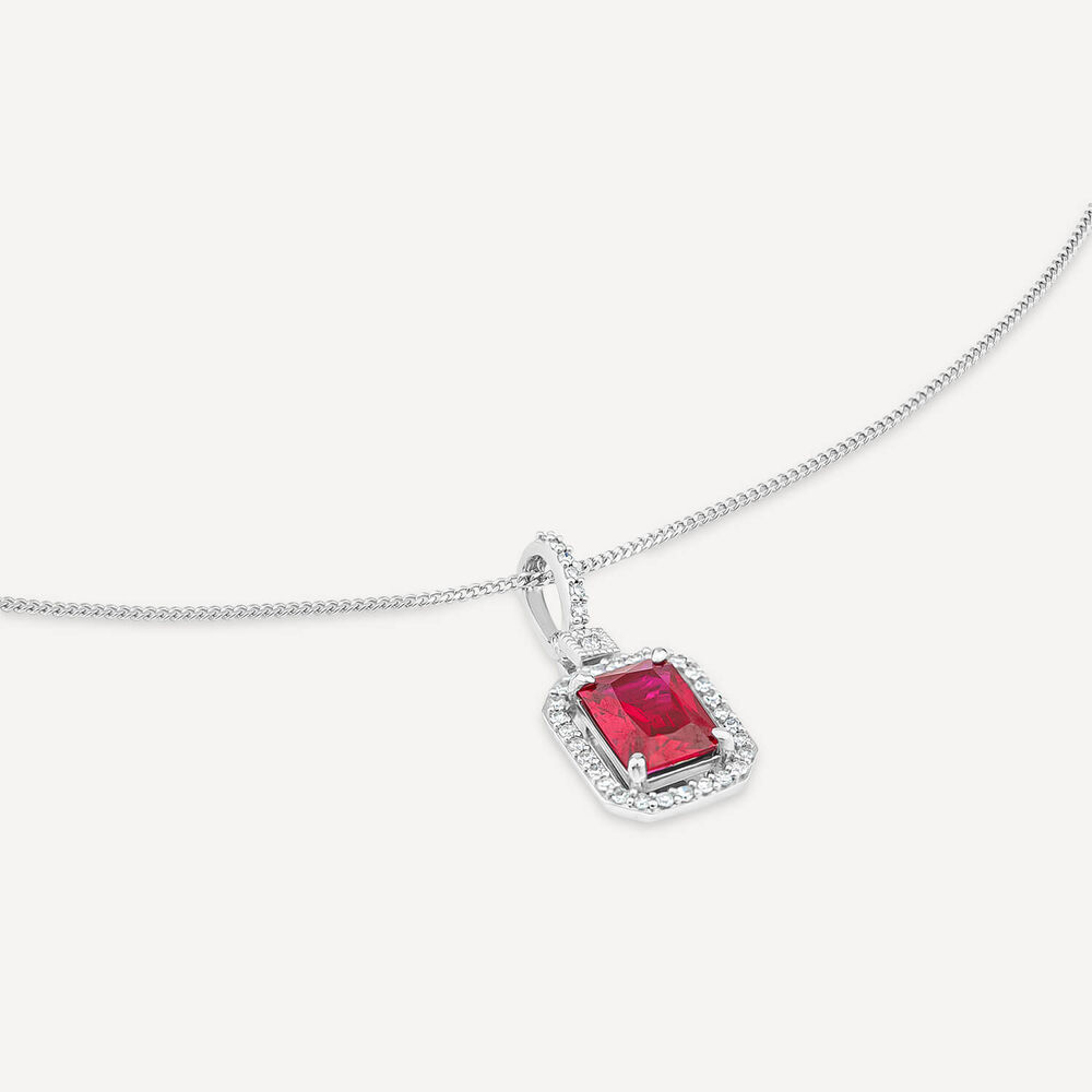 9ct White Gold Rectangular Created Ruby & Diamond Cluster Bale Pendant image number 3