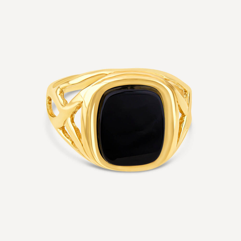 9ct Yellow Gold Men's Onyx Cushion Celtic Sides Signet Ring image number 2