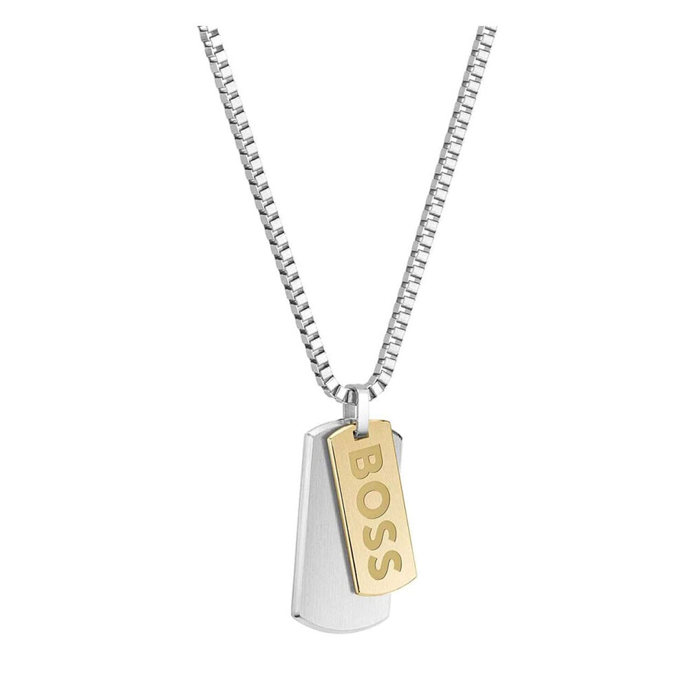 BOSS Devon Branded Double Tag Pendant Box Chain Steel Necklace
