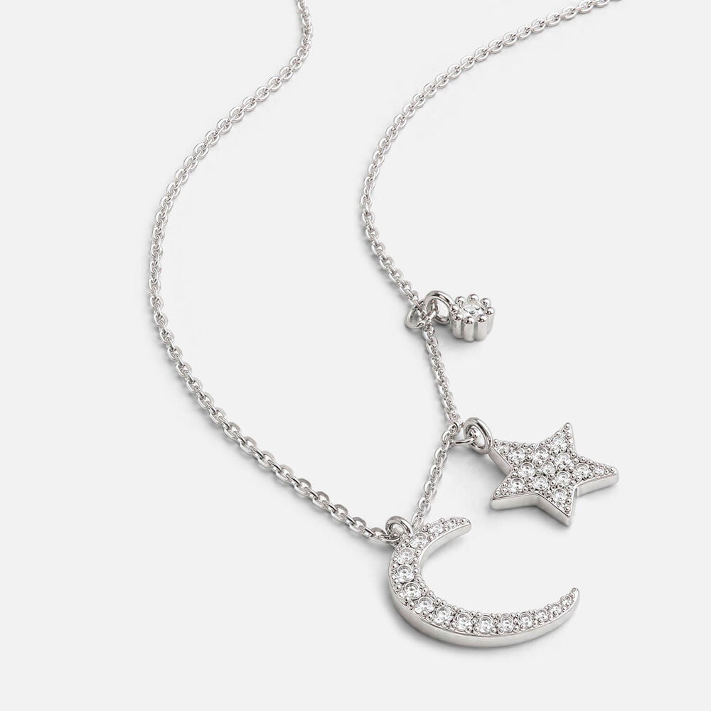 Sterling Silver Cubic Zirconia Set Moon & Star Charm Necklet