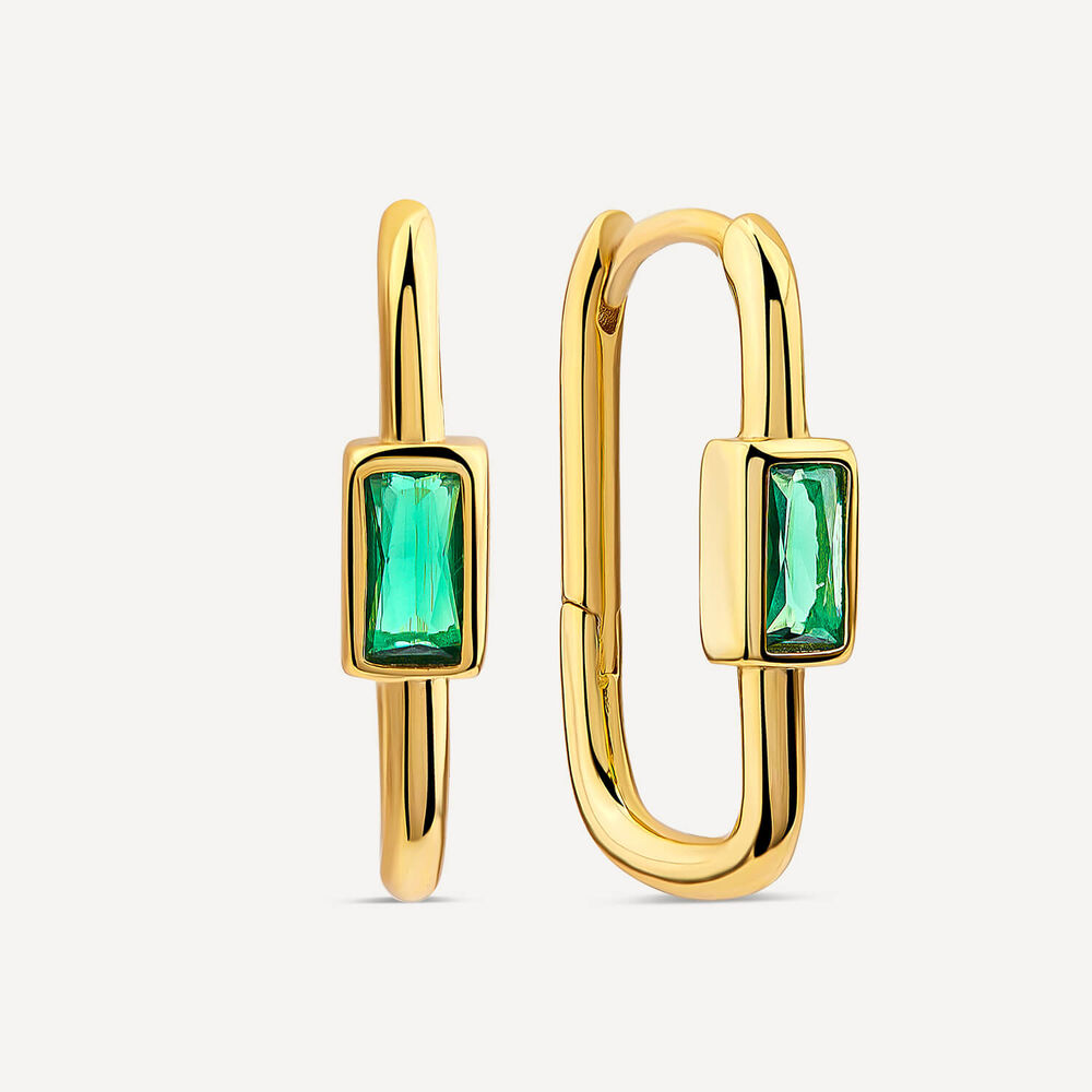 Yellow Gold Plated Sterling Silver Rectangular Green Stone Rectangular Hoop Earrings image number 1