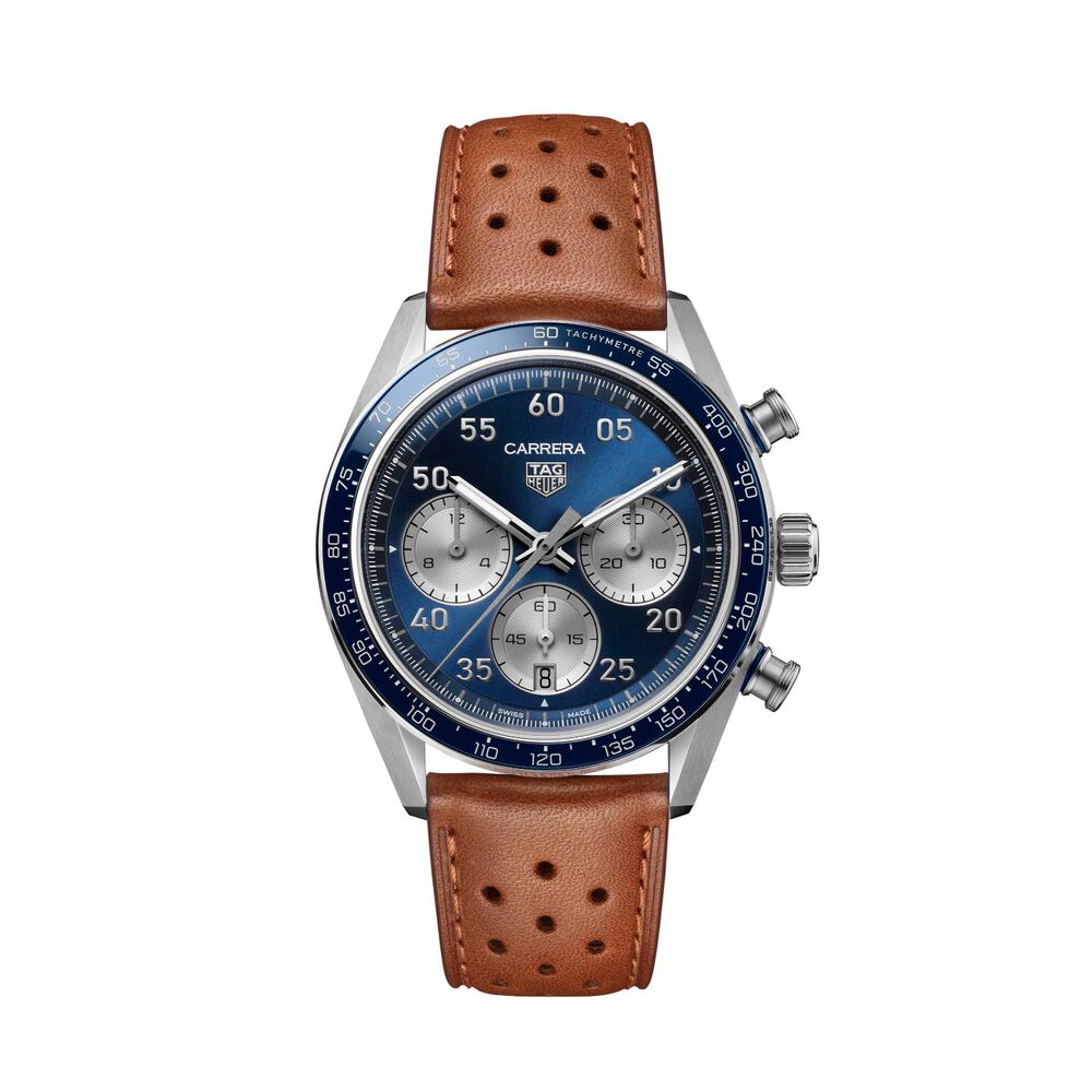 TAG Heuer Carrera Chronograph Sport 42mm Blue Dial Brown Leather Strap Watch