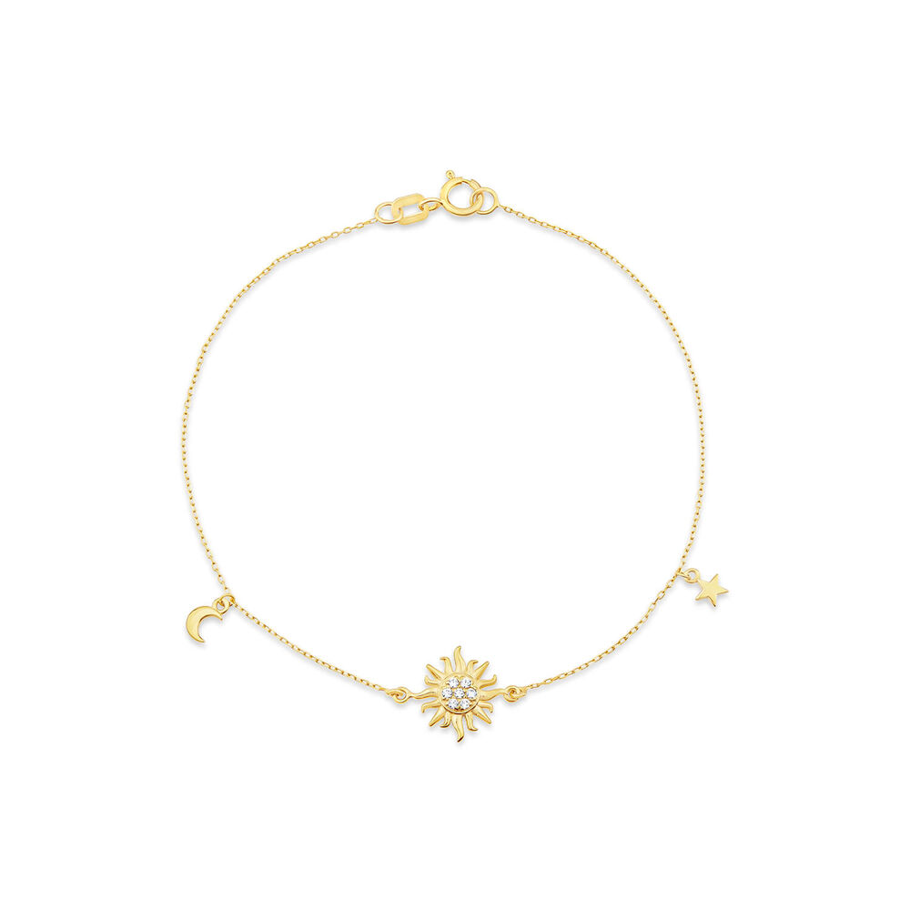 9ct Yellow Gold Cubic Zirconia Sun & Moon & Star Chain Bracelet image number 0