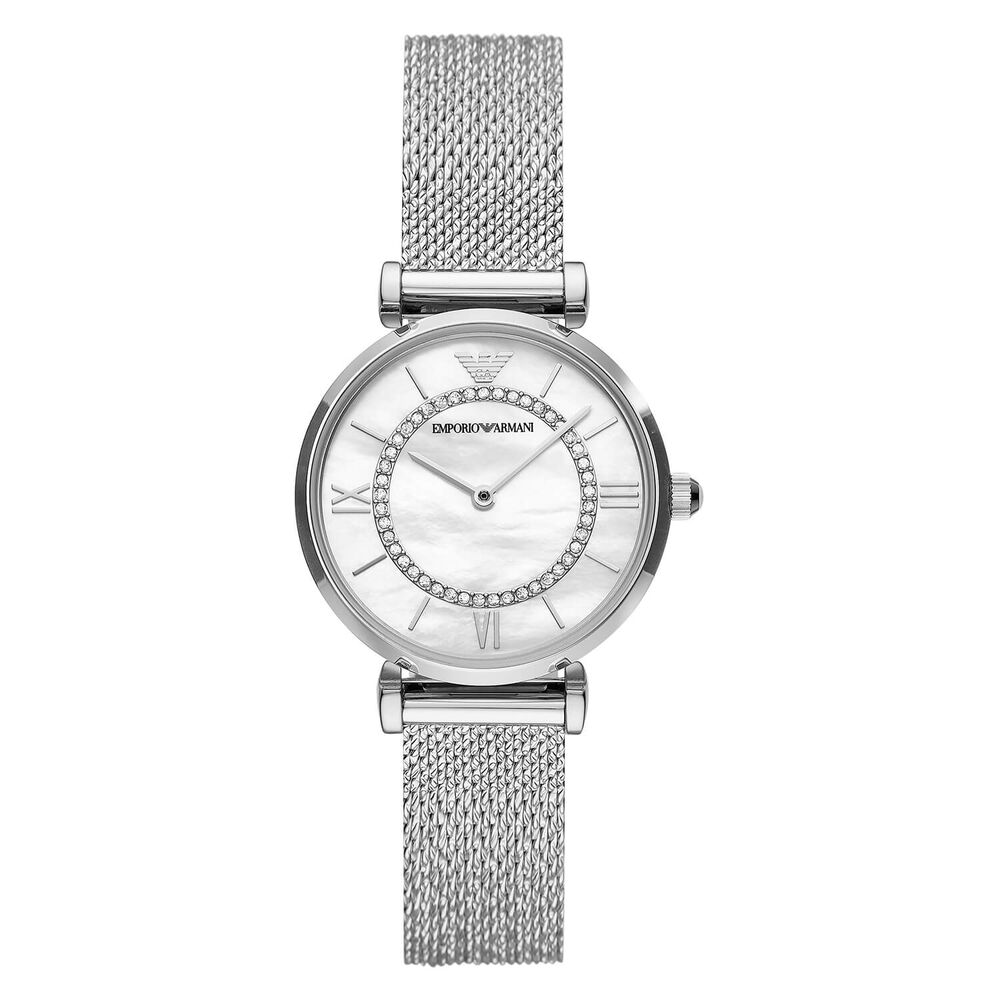Emporio Armani Gianni T-Bar 32mm Mother of Pearl Dial Steel Case Mesh Bracelet Watch