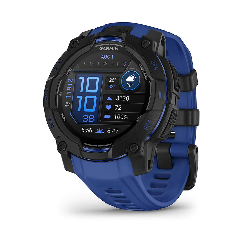Garmin Instinct 3 45mm AMOLED Black Bezel Bolt Blue & Black Silicone Strap Watch image number 0