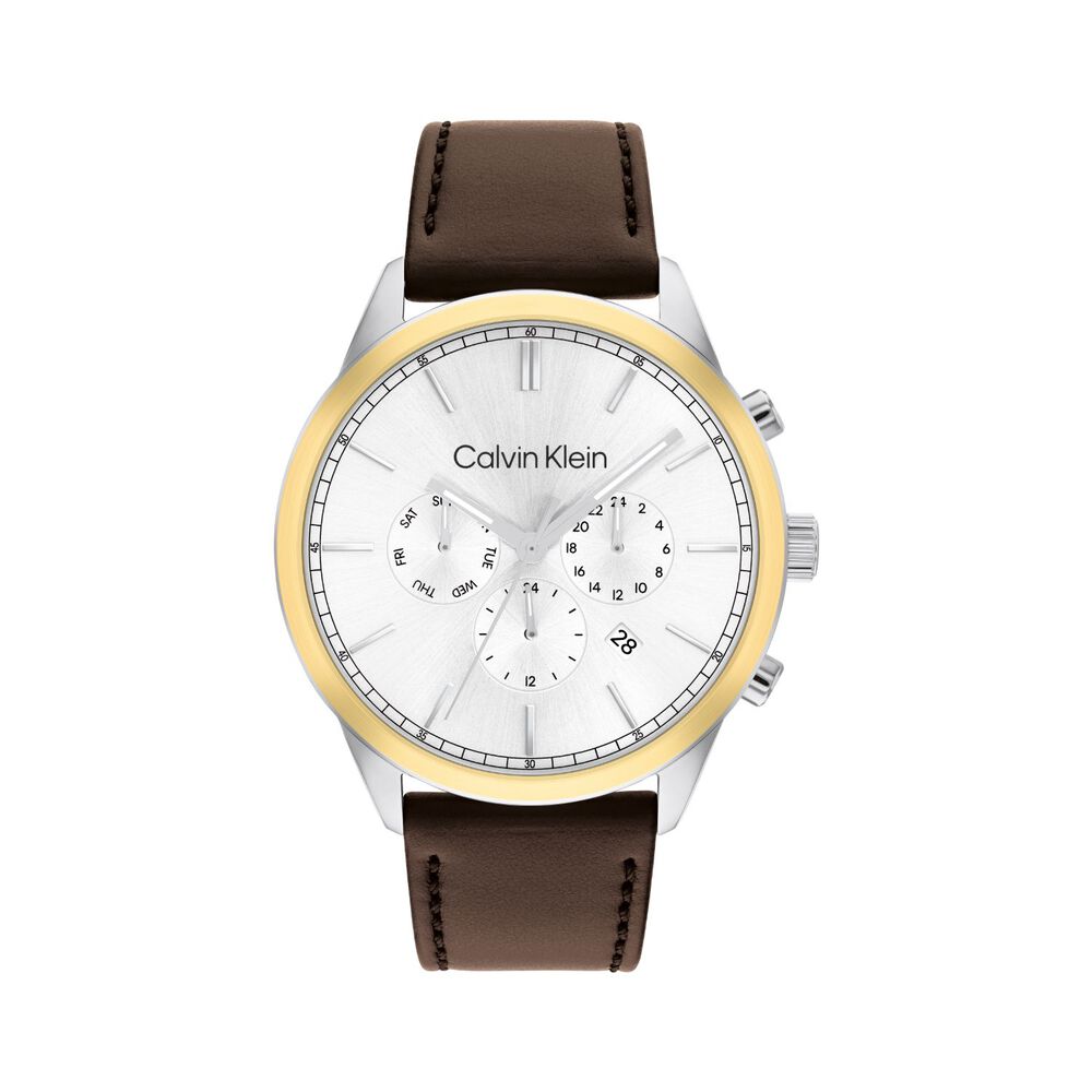 Calvin Klein 44m Silver Dial Yellow Gold Bezel Brown Strap Watch